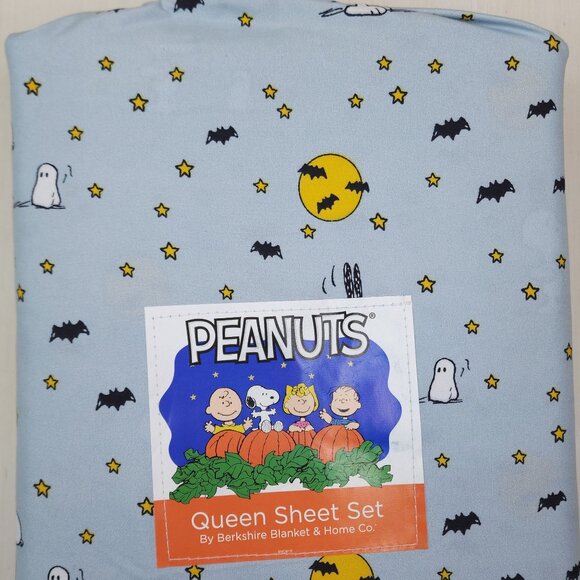 Peanuts Snoopy Halloween Fall Queen Sheets By Berkshire Ghosts Bats Stars Blue - Picture 7 of 8